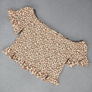 Pie In The Sky Crop Top‎ Shirt Womens XL Floral Smocked Off Shoulder Ruffle Boho